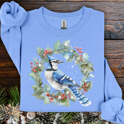 Blue Jay in Holly Wreath Sweatshirt