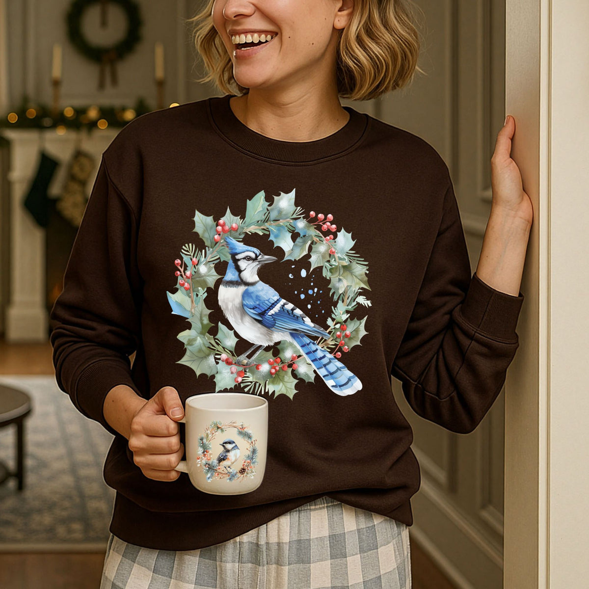 Blue Jay in Holly Wreath Sweatshirt