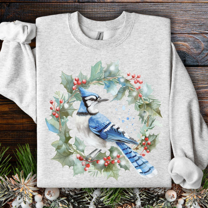 Light gray Gildan 18000 sweatshirt with a watercolor blue jay in a holly berry wreath design.