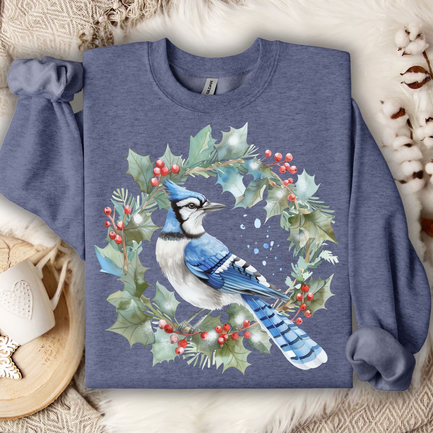 Heather Sport Dark Navy Gildan 18000 sweatshirt with a watercolor blue jay in a holly wreath design.
