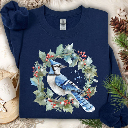 Navy Gildan 18000 sweatshirt with a watercolor blue jay in a holly wreath design.