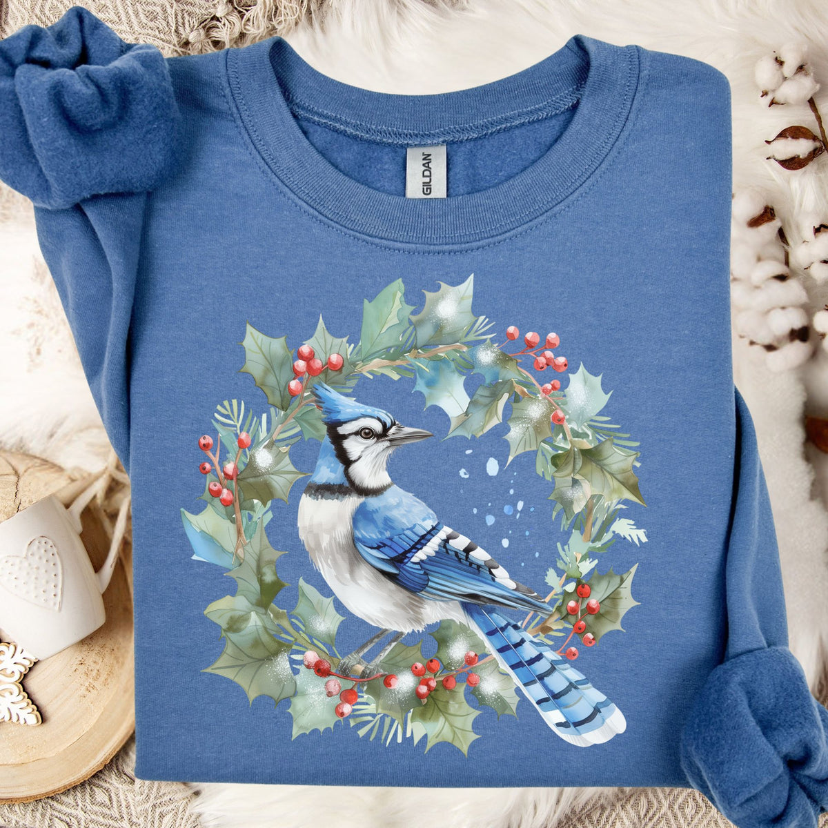 Blue Jay in Holly Wreath Sweatshirt