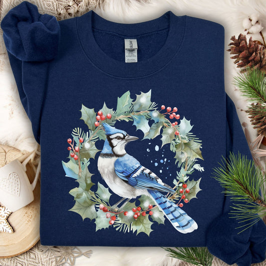 Blue Jay in Holly Wreath Sweatshirt