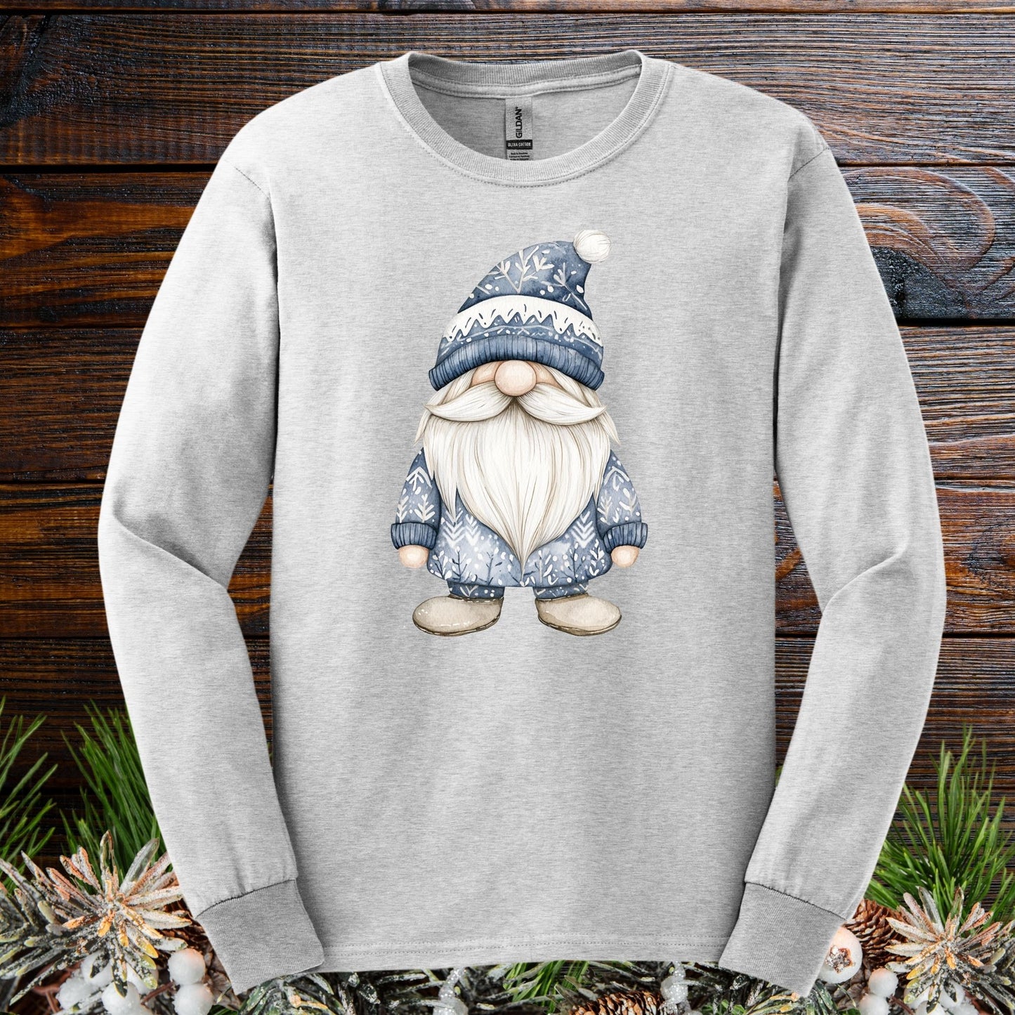 Ash gray long sleeve tee with a hand-illustrated blue Nordic gnome design on the chest.