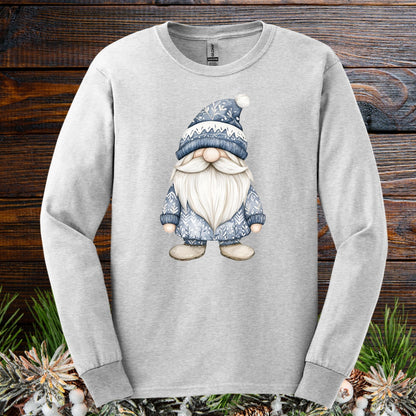 Ash gray long sleeve tee with a hand-illustrated blue Nordic gnome design on the chest.