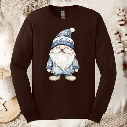 Dark chocolate long sleeve tee with a hand-illustrated blue Nordic gnome design.