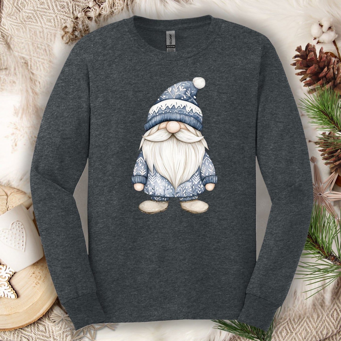 Dark heather long sleeve tee with a hand-illustrated blue Nordic gnome design.