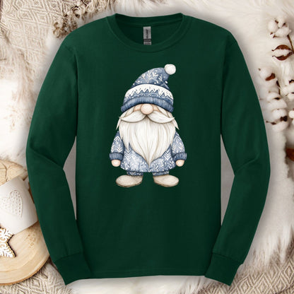 Forest Green long sleeve tee with a hand-illustrated blue Nordic gnome design, on a cozy winter background.