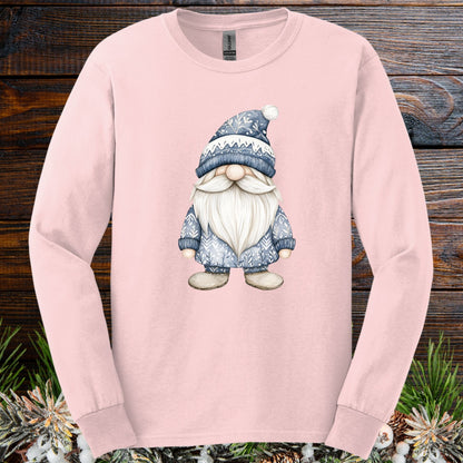 Light pink long sleeve tee with a hand-illustrated blue Nordic gnome design on the chest.