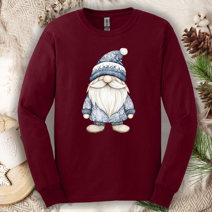 Maroon long sleeve tee with a hand-illustrated blue Nordic gnome design, made from soft USA-grown cotton.