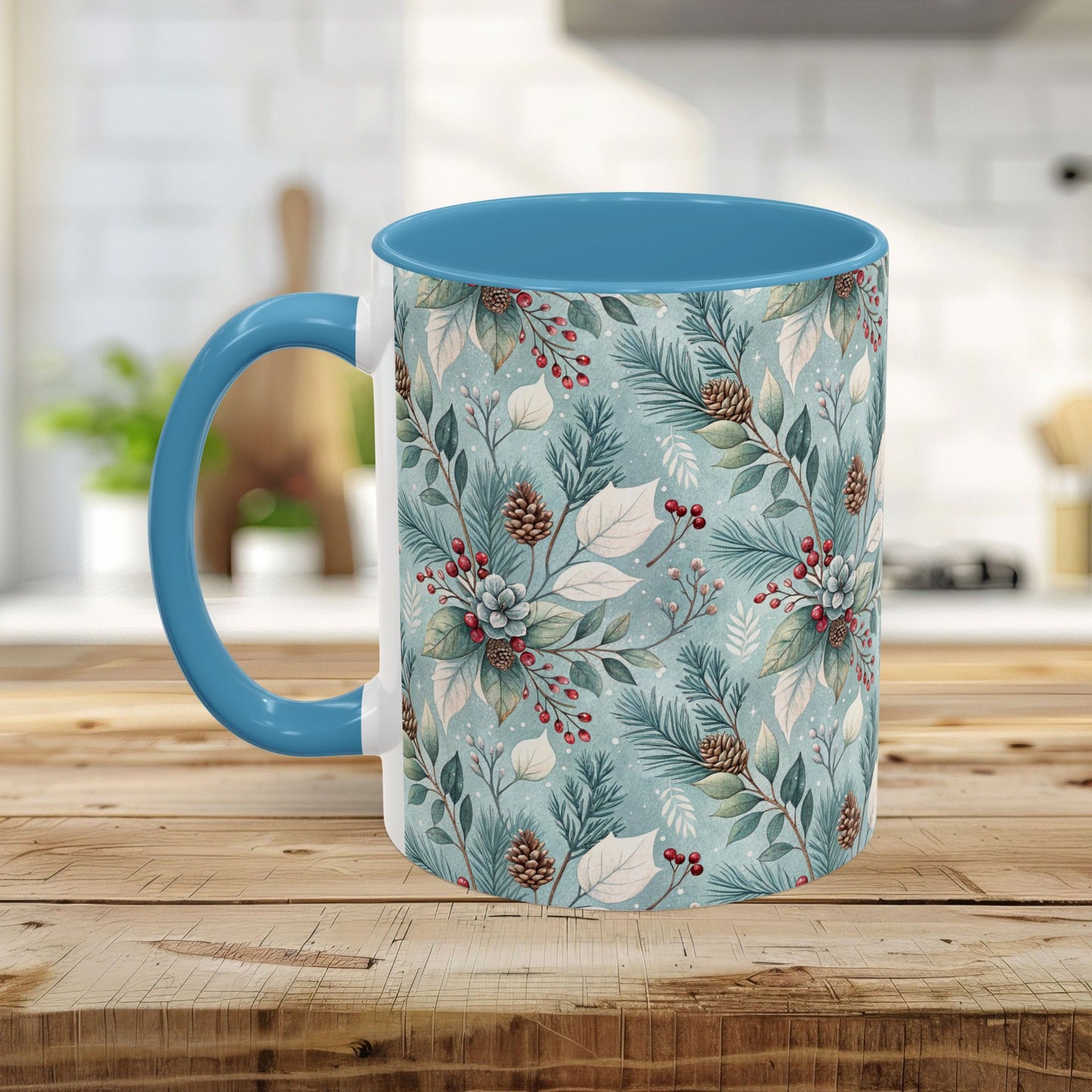 Blue Winter Foliage with Berries & Pinecones 11 & 15 oz. Mug