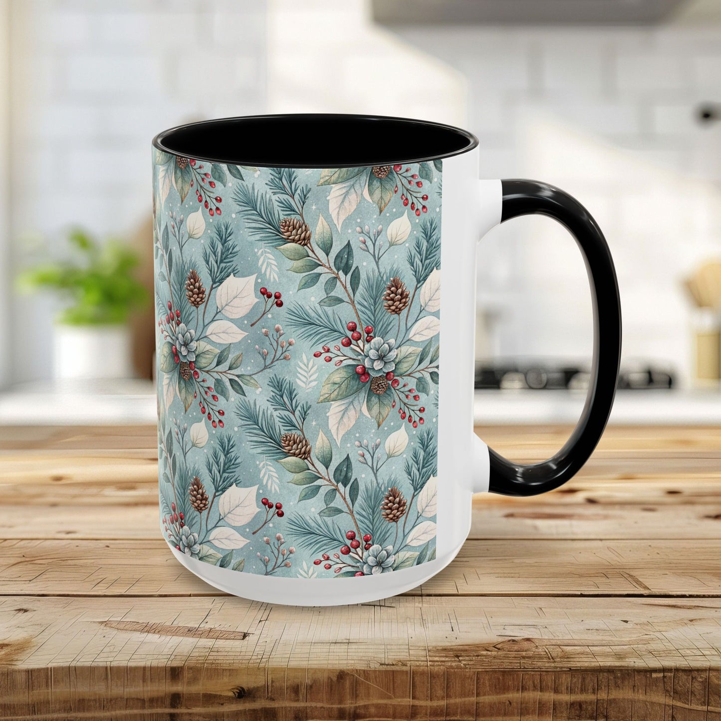 Blue Winter Foliage with Berries & Pinecones 11 & 15 oz. Mug