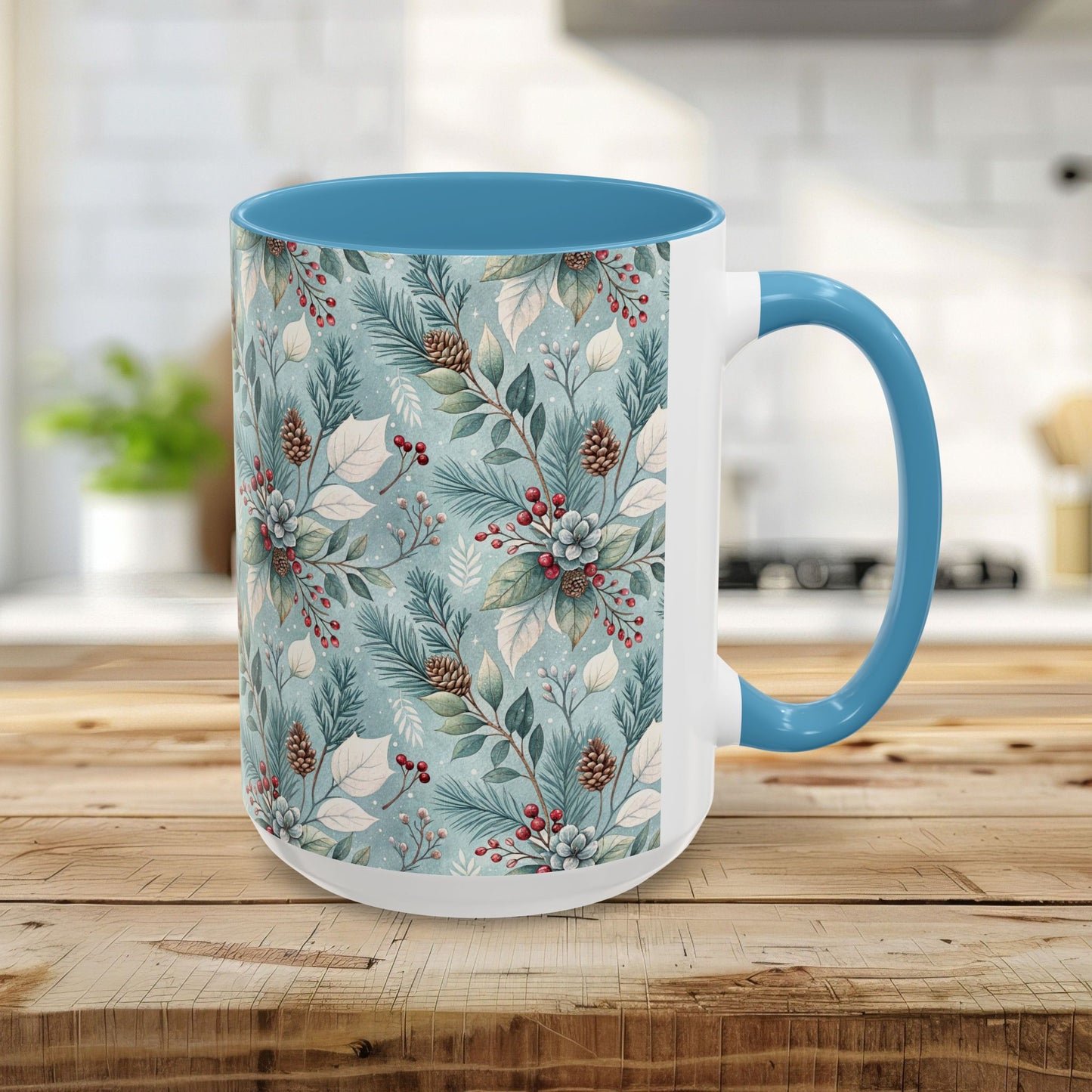 Blue Winter Foliage with Berries & Pinecones 11 & 15 oz. Mug