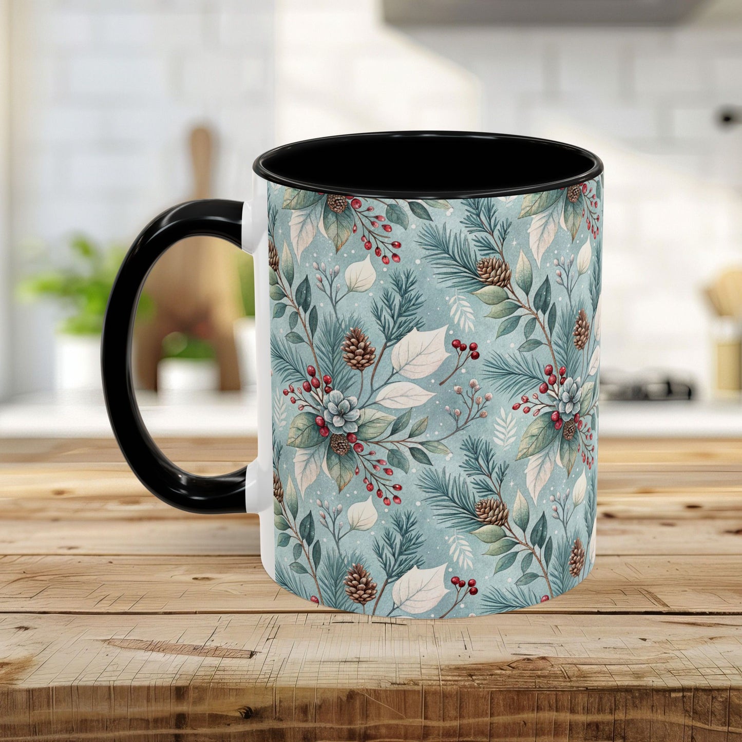Blue Winter Foliage with Berries & Pinecones 11 & 15 oz. Mug