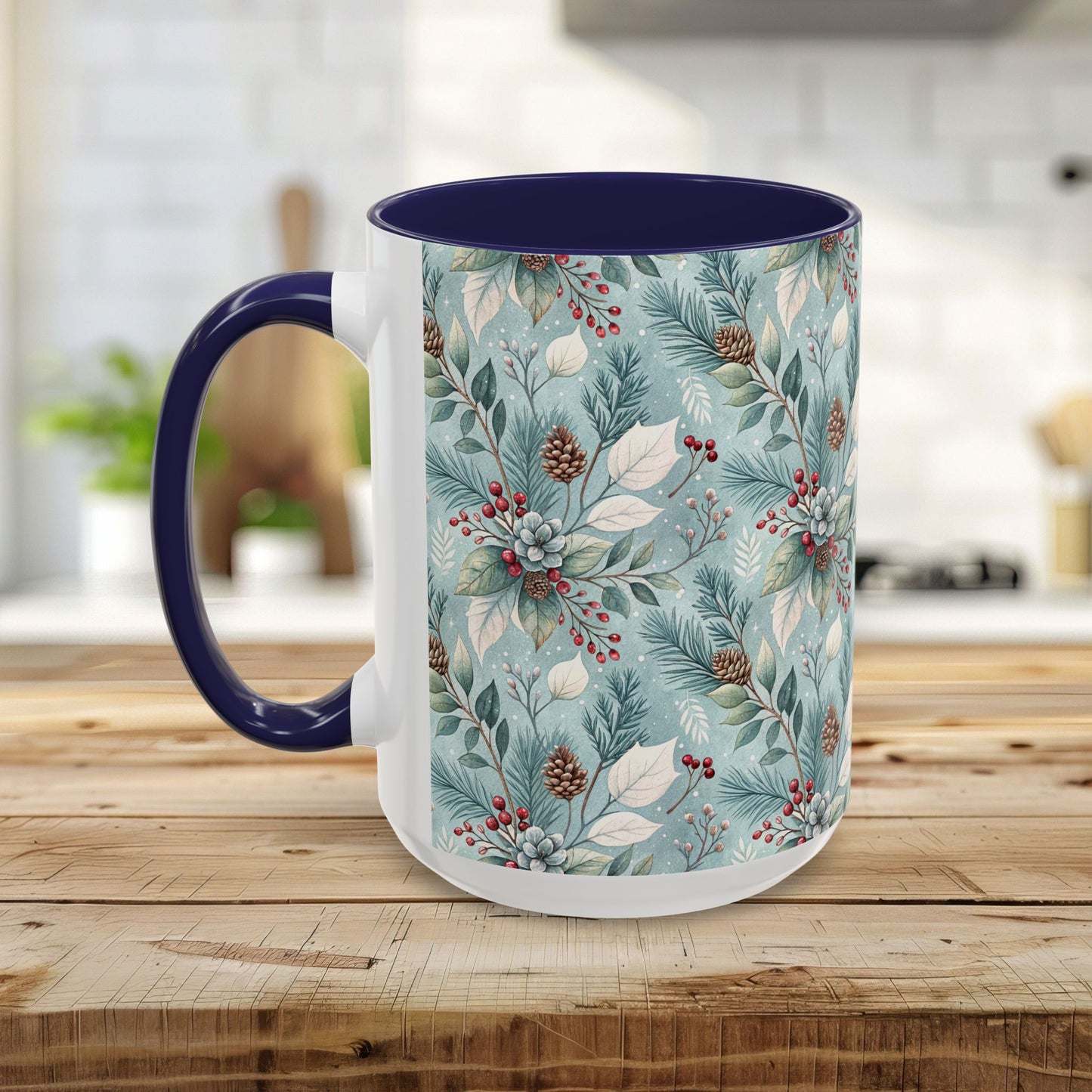 Blue Winter Foliage with Berries & Pinecones 11 & 15 oz. Mug
