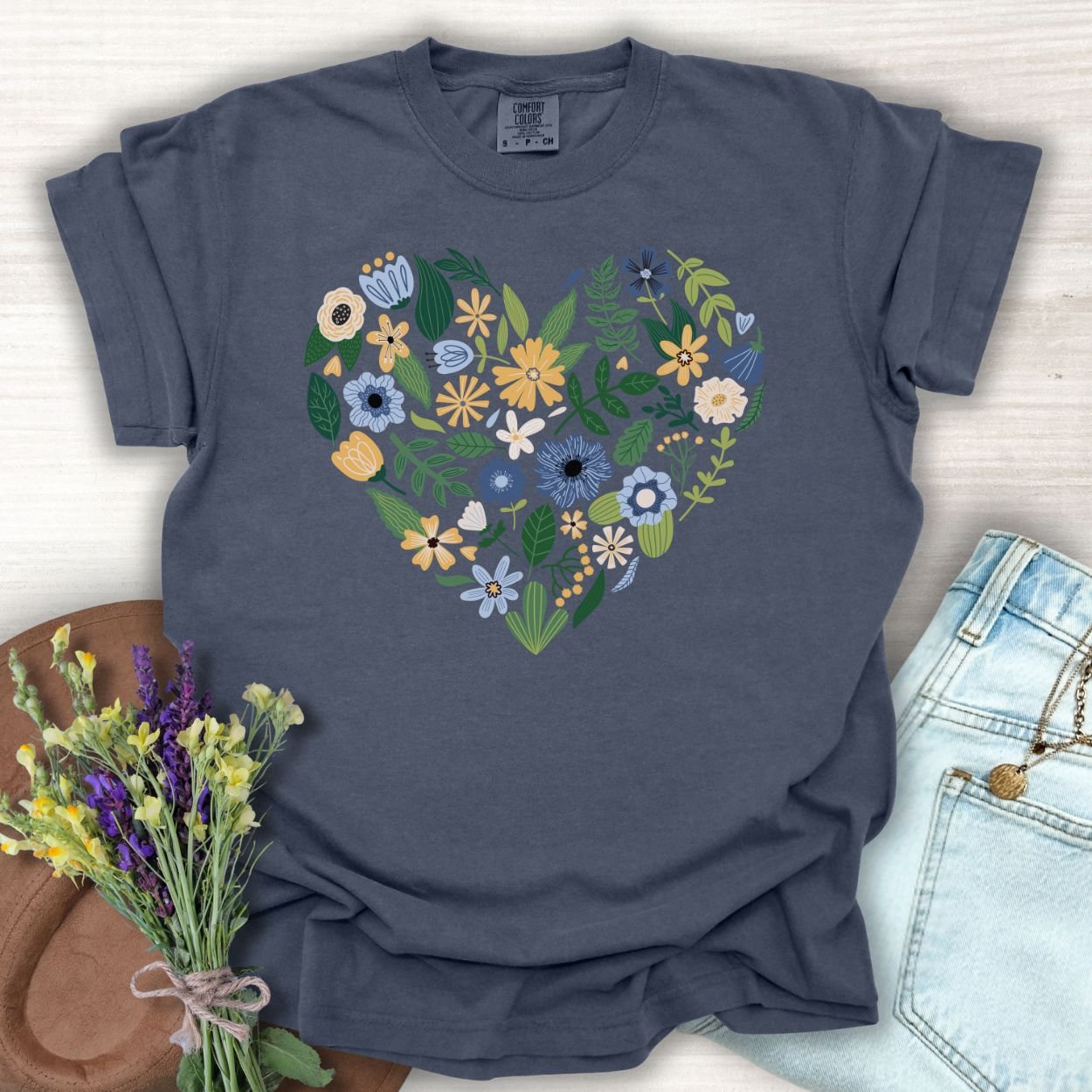 Blue & Yellow Floral Heart T-Shirt