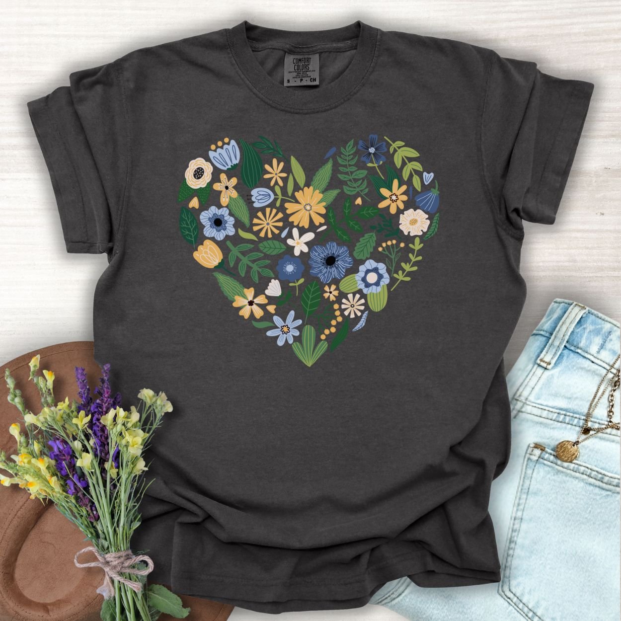 Blue & Yellow Floral Heart T-Shirt