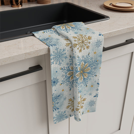 Blue and Gold Snowflake Pattern Microfiber Tea Towel