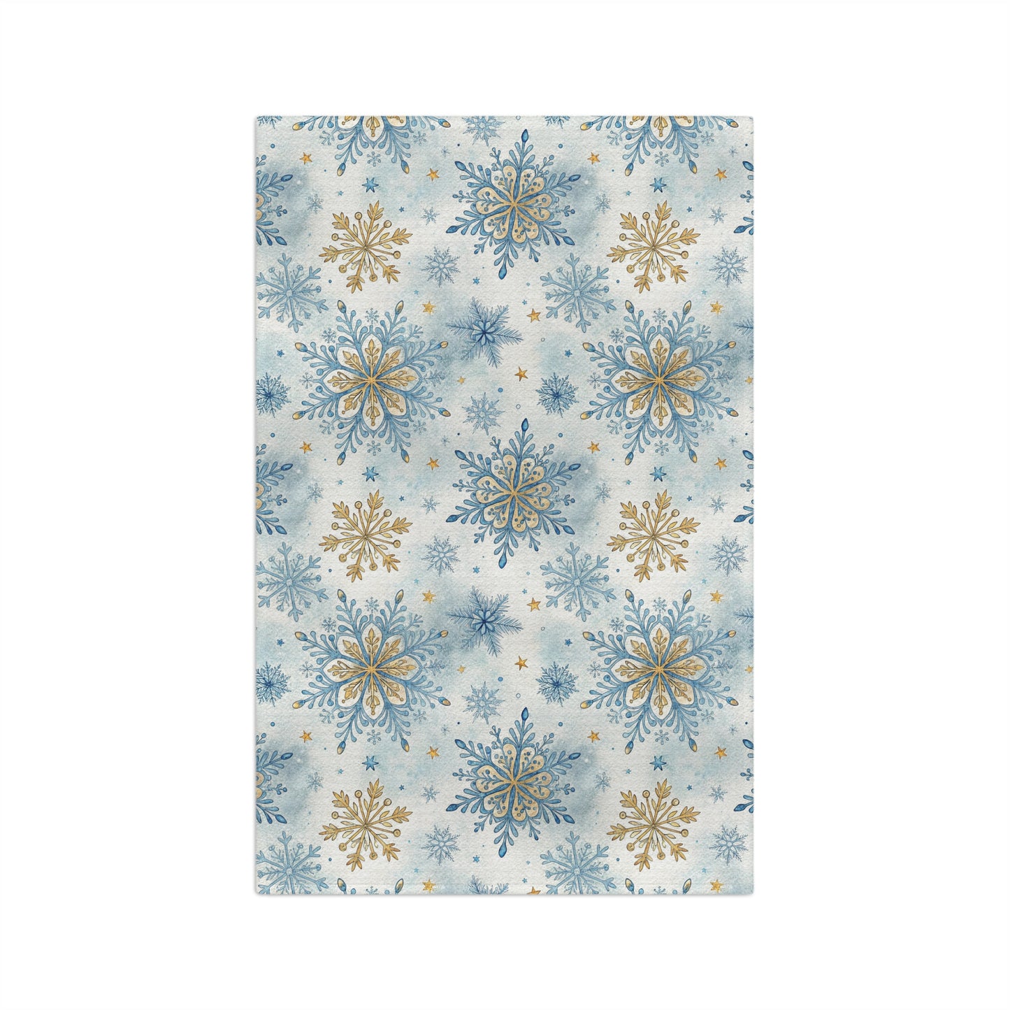 Blue and gold snowflake pattern microfiber tea towel with watercolor background, 16x25 inches.