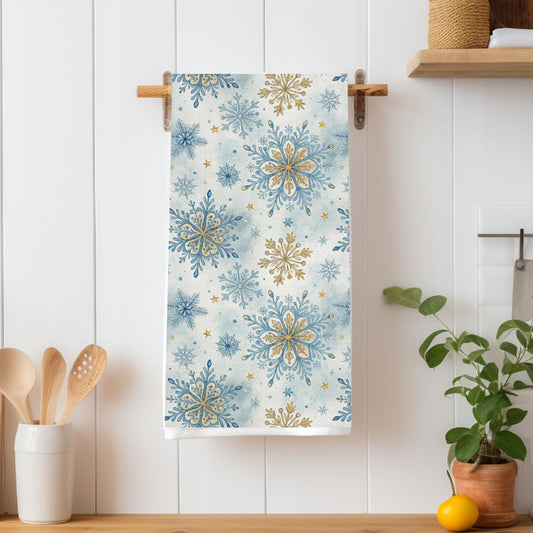 Blue and Gold Snowflake Pattern Microfiber Tea Towel