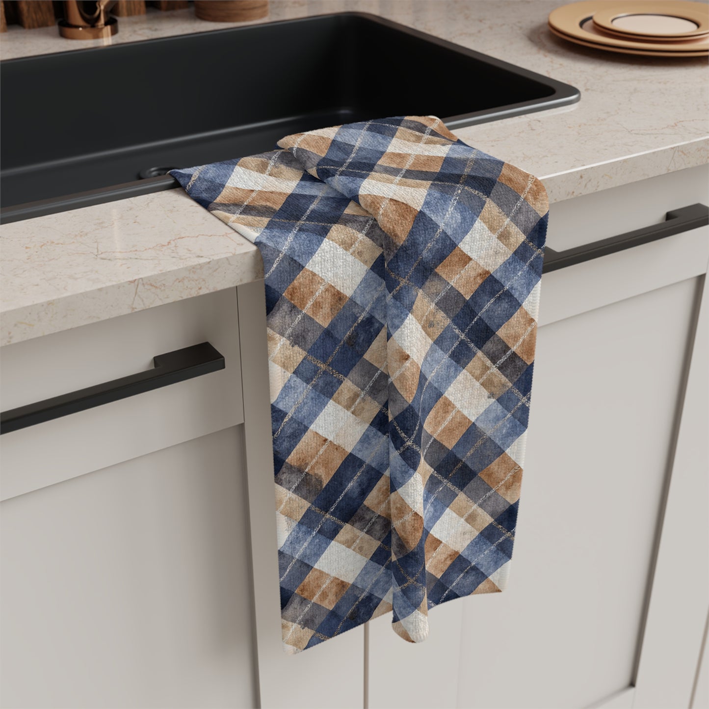 Blue and Taupe Plaid Microfiber Tea Towel