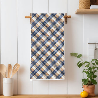 Blue and Taupe Plaid Microfiber Tea Towel