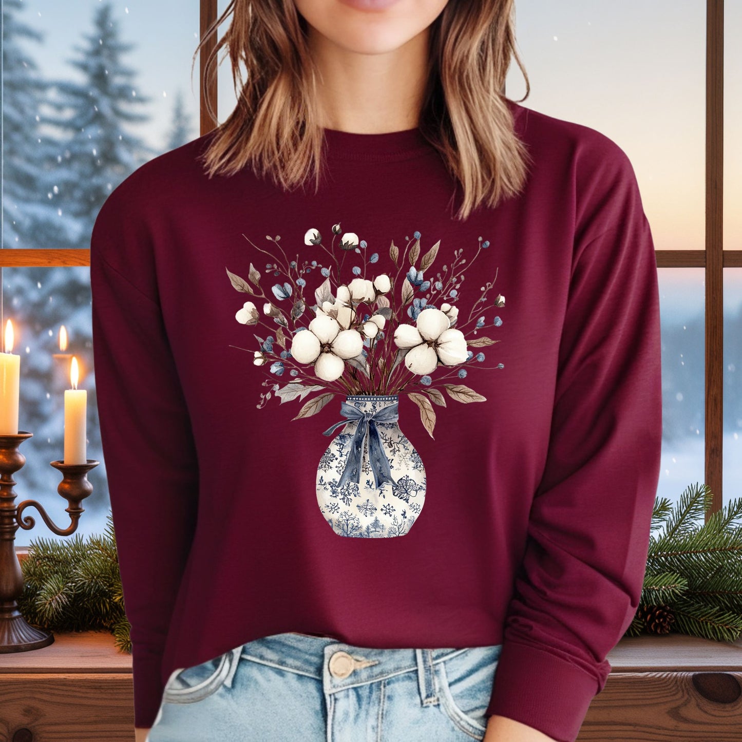 Blue and White Winter Bouquet Long Sleeve Tee