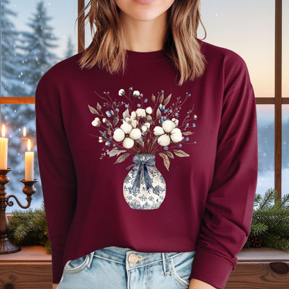 Blue and White Winter Bouquet Long Sleeve Tee