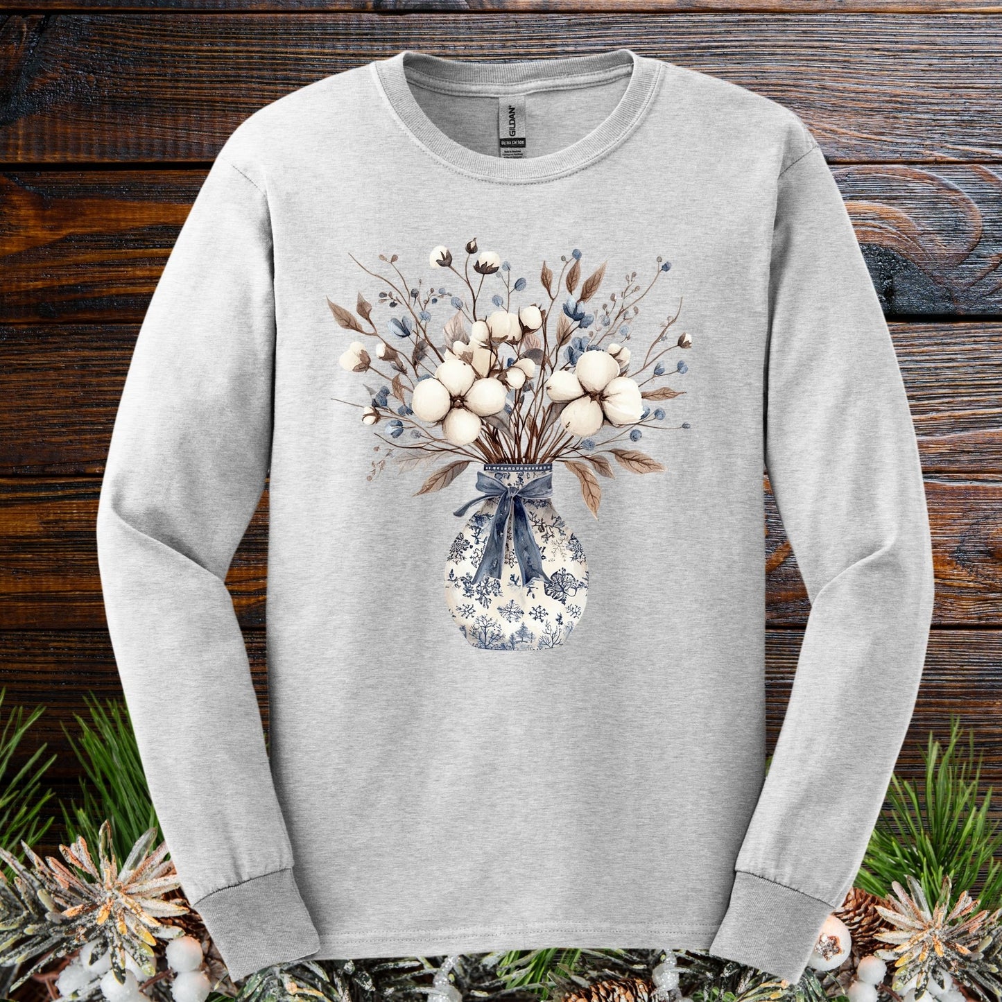 Blue and White Winter Bouquet Long Sleeve Tee
