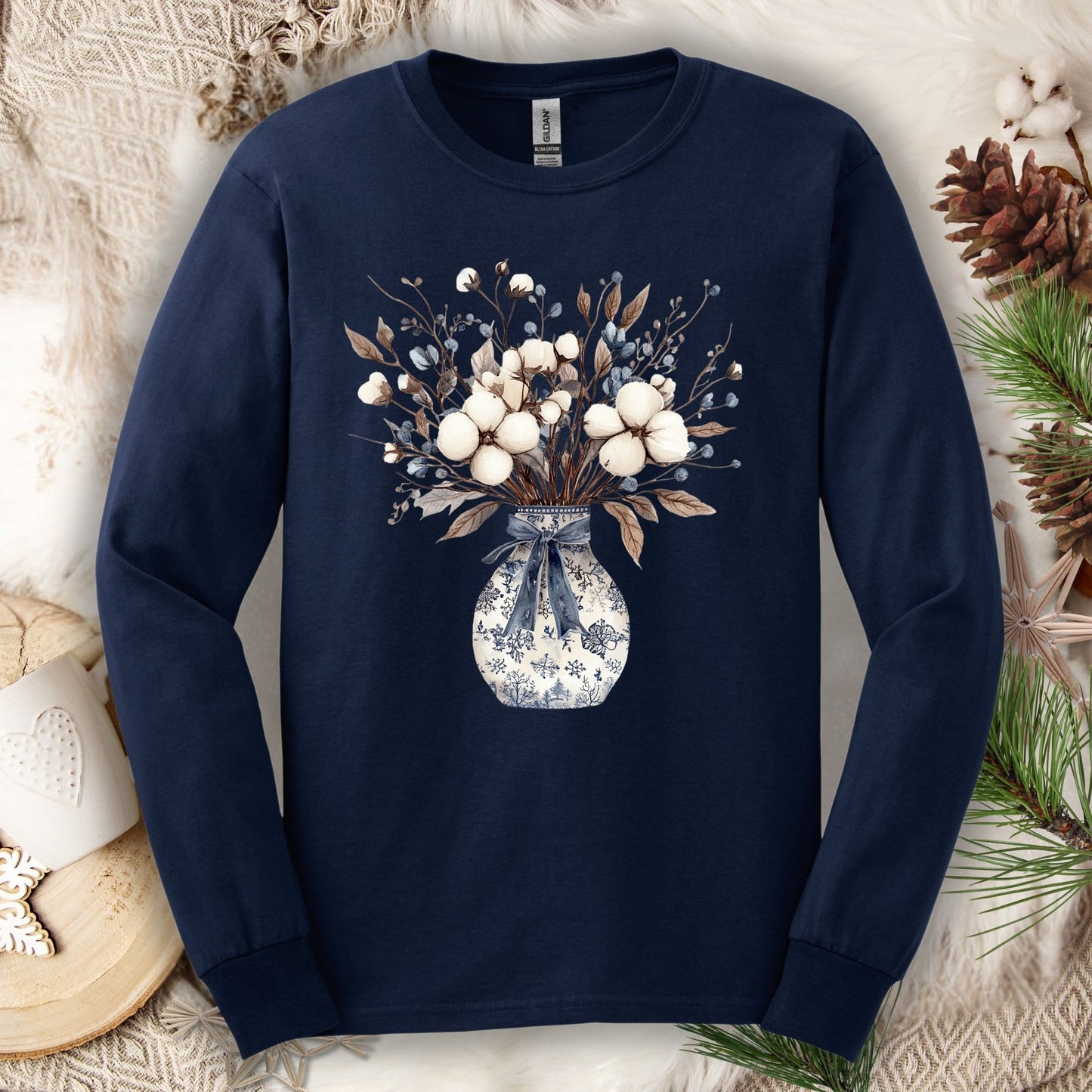 Blue and White Winter Bouquet Long Sleeve Tee