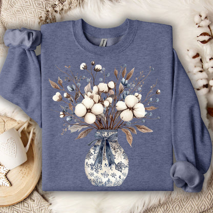 Heather Sport Dark Navy sweatshirt with blue and white chinoiserie vase holding cotton bolls and dried leaves.