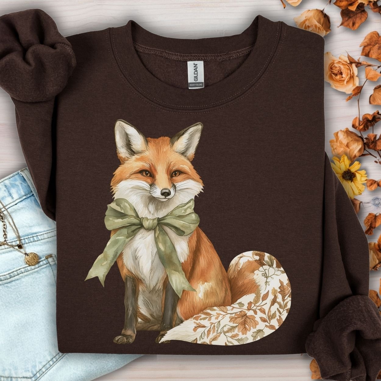 Dark Chocolate Gildan sweatshirt with a boho fox design, green bow, and autumn floral tail.