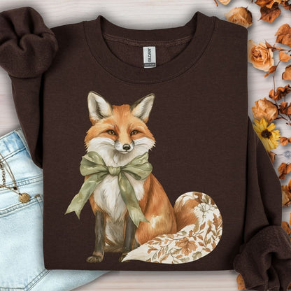 Dark Chocolate Gildan sweatshirt with a boho fox design, green bow, and autumn floral tail.