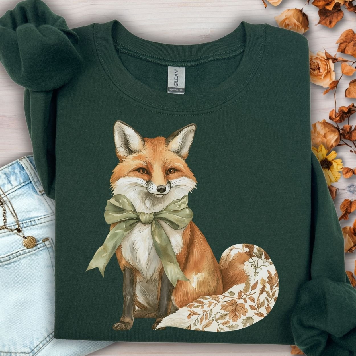 Forest Green Gildan sweatshirt with a boho autumn floral fox design, green bow, and fall leaves.
