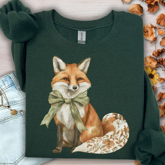 Forest Green Gildan sweatshirt with a boho autumn floral fox design, green bow, and fall leaves.