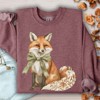 Heather Sport Dark Maroon sweatshirt with a detailed fox wearing a green bow and a tail with fall botanicals.