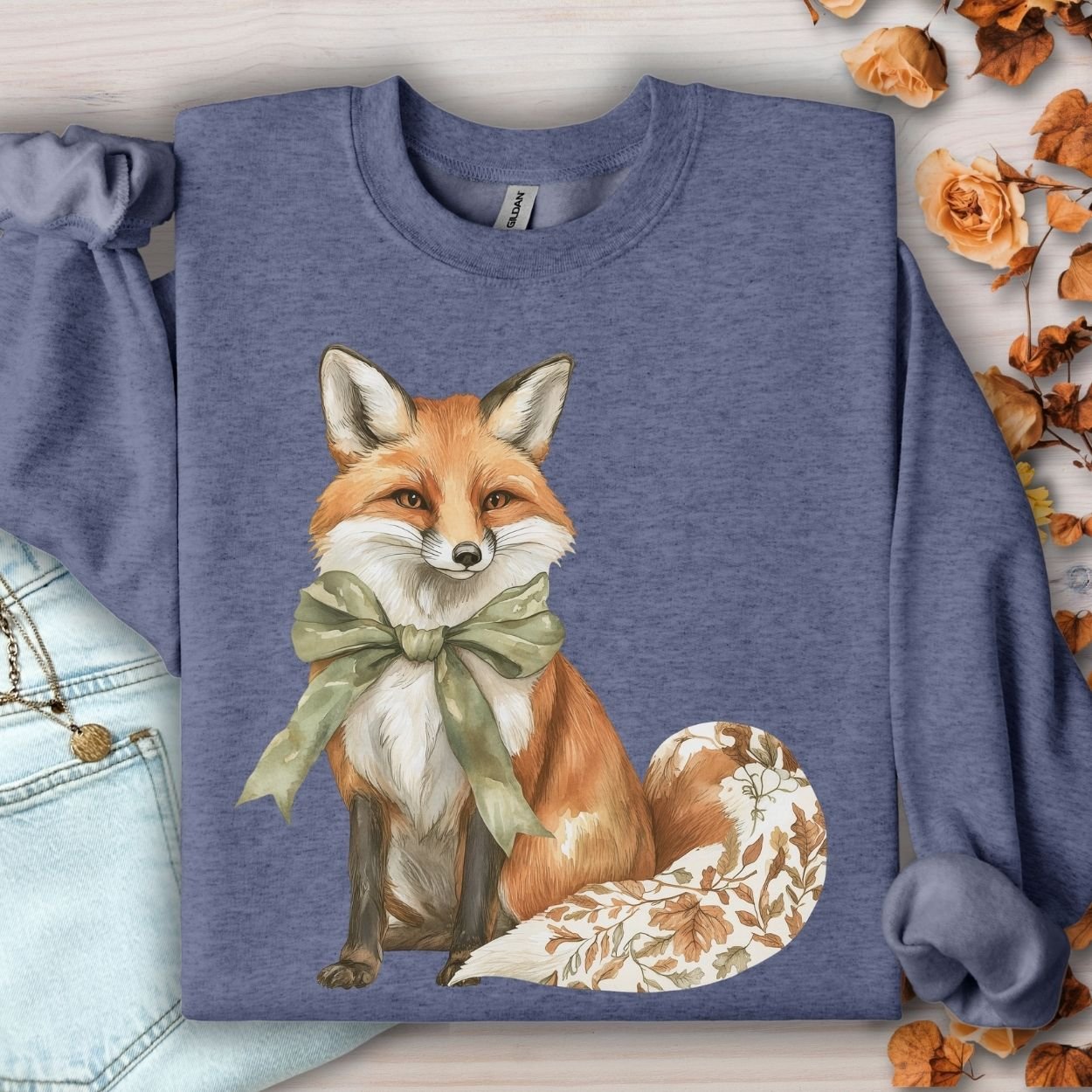 Heather Sport Dark Navy sweatshirt with a boho fox, green bow, and autumn floral tail design.