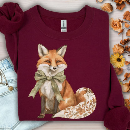 Maroon Gildan sweatshirt with a boho fox, green bow, and autumn floral tail.