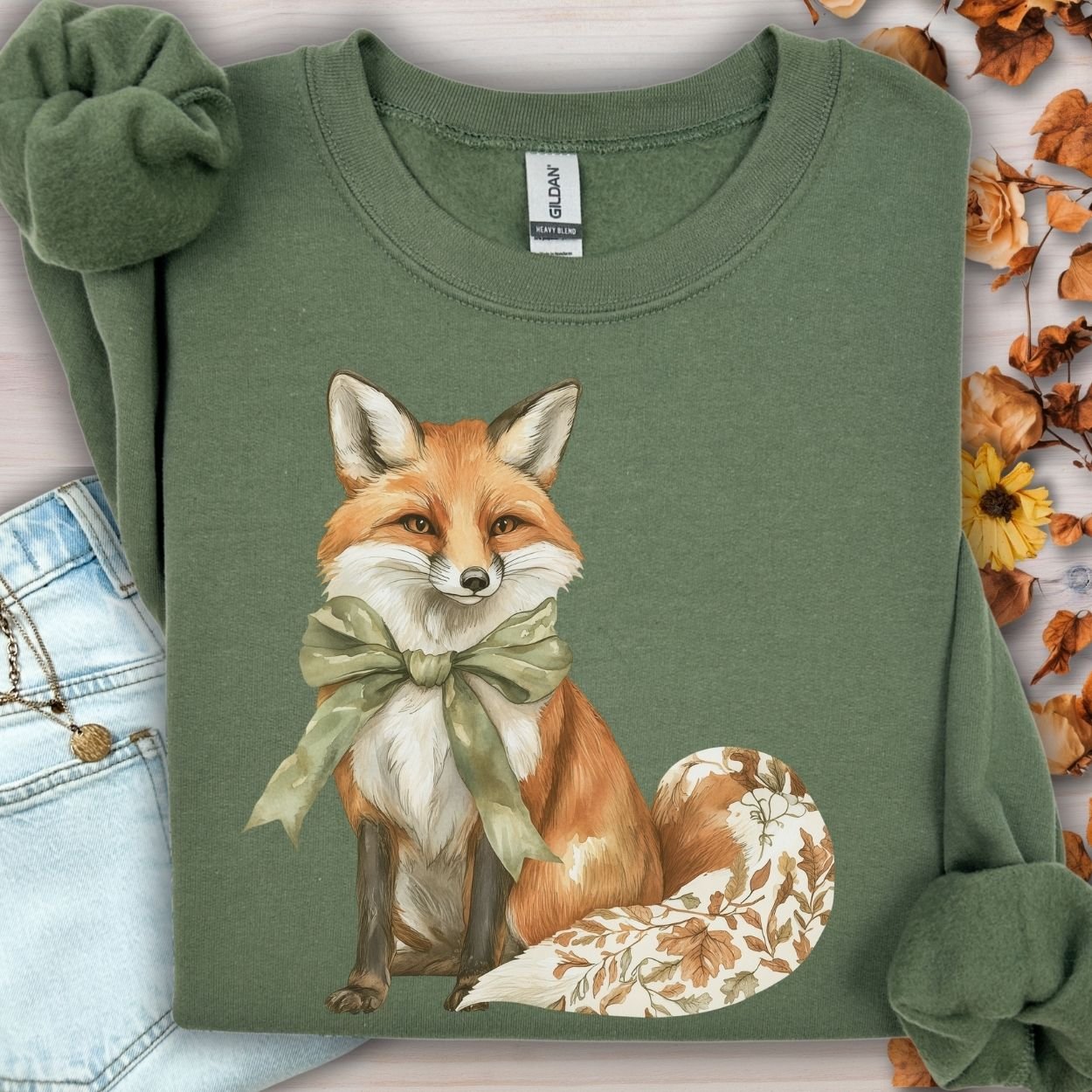 Military Green Gildan sweatshirt with a boho fox, green bow, and autumn floral tail design.
