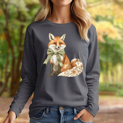 Charcoal long sleeve tee with watercolor fox, green bow, and autumn botanicals on its tail.
