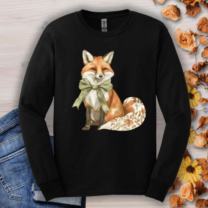 Black Gildan long sleeve tee with a watercolor fox, green bow, and autumn botanical tail.