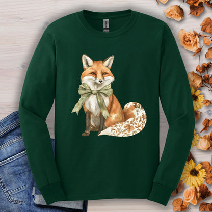 Forest Green Gildan long sleeve tee with a watercolor fox, green bow, and autumn botanicals on its tail.