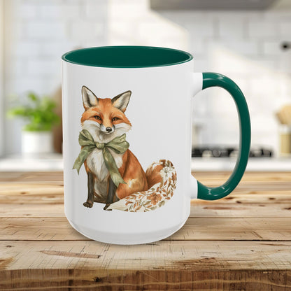15oz white ceramic mug with a watercolor fox wearing a green bow and a green handle/interior.