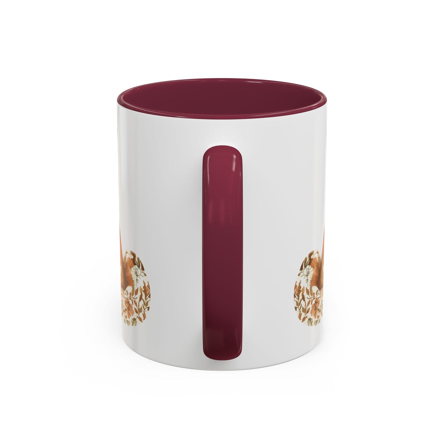 White ceramic mug with a maroon handle and interior, featuring a partial watercolor fox design.