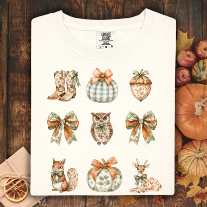 Ivory cotton t-shirt with boho fall artwork: bows, pumpkins, acorn, owl, squirrel, and deer.