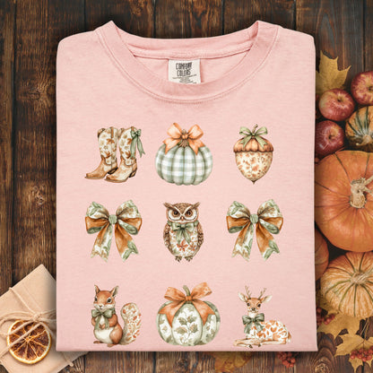 Peachy S cotton t-shirt with boho fall art: pumpkins, bows, acorn, owl, squirrel, deer, and cowboy boots.