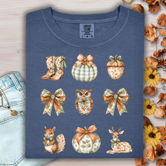 Denim cotton t-shirt with boho fall artwork: cowboy boots, pumpkins, acorn, owl, squirrel, and bows.