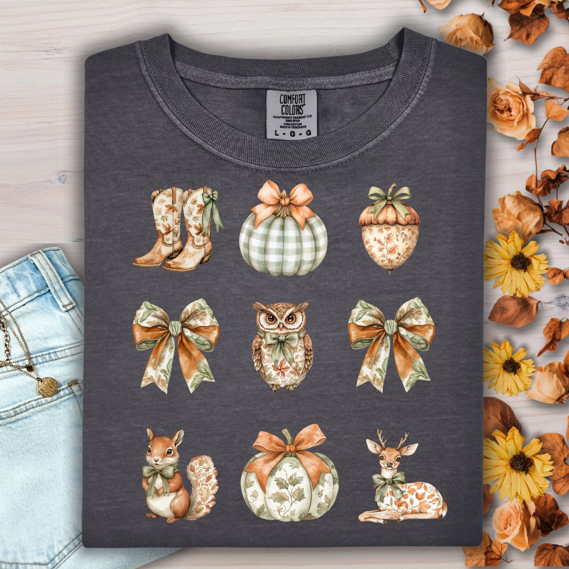 Pepper heavyweight cotton t-shirt with boho fall artwork: bows, pumpkins, acorn, owl, squirrel, boots, deer.