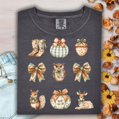 Pepper heavyweight cotton t-shirt with boho fall artwork: bows, pumpkins, acorn, owl, squirrel, boots, deer.