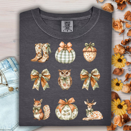 Pepper heavyweight cotton t-shirt with boho fall artwork: bows, pumpkins, acorn, owl, squirrel, boots, deer.